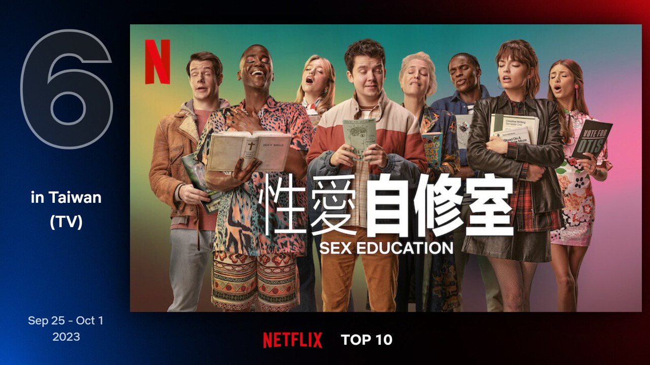 Netflix台灣地區9月25日至10月1日電視類排行第6為《性愛自修室4》。圖／Netflix
