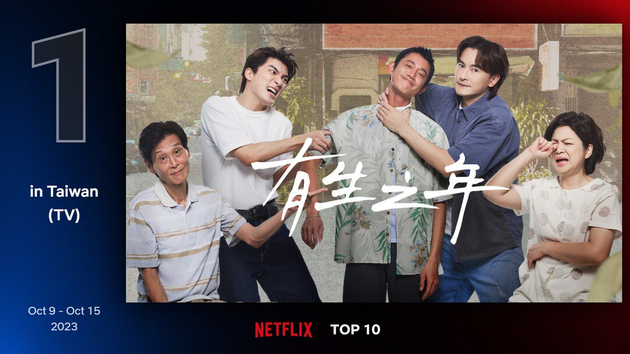 Netflix台灣地區10月9日至10月15日電視類排行第1為吳慷仁、鄭元暢、林哲熹主演的《有生之年》。圖／Netflix