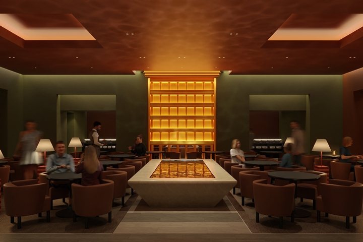 ▲Lounge 內閃閃發光的飯店外觀造型壁面為一大看點。　圖：One Five Hotels Inc.／來源
