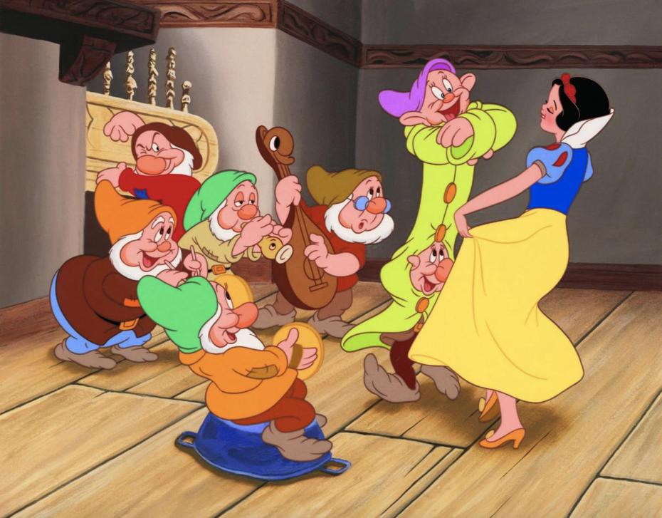 「白雪公主」卡通原版中的公主和7个小矮人，造型已深入人心。图／摘自IMDb