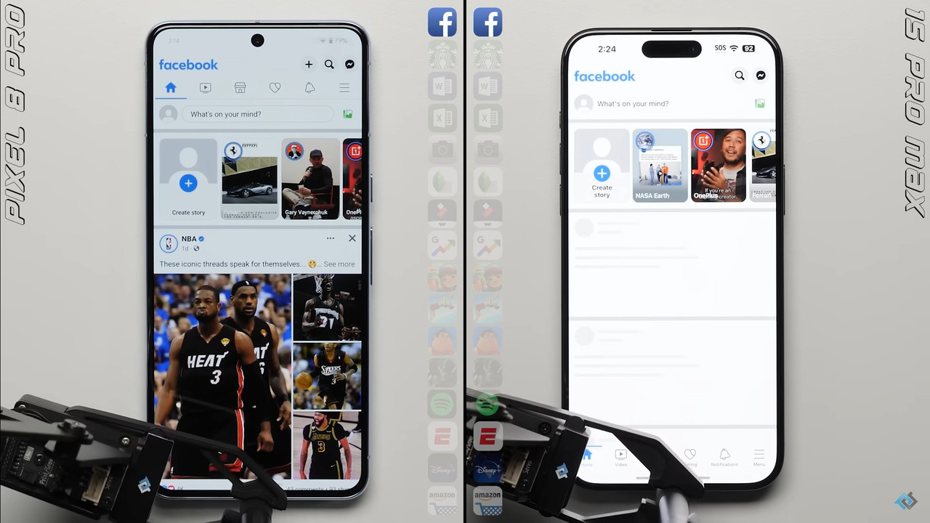 YouTube頻道PhoneBuff日前將蘋果iPhone 15 Pro Max與Google Pixel 8 Pro利用機器手臂做同一套開啟或關閉APP的速度效能測試，在一開始開起Facebook等APP，花費時間較短。（翻攝自YouTube頻道PhoneBuff）