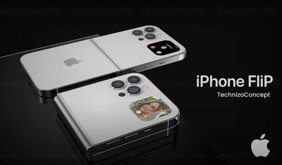 圖為2022年曝光一組稱為「iPhone 15 Flip」、以上下折疊螢幕設計的iPhone手機。圖擷自avcaesar.com/