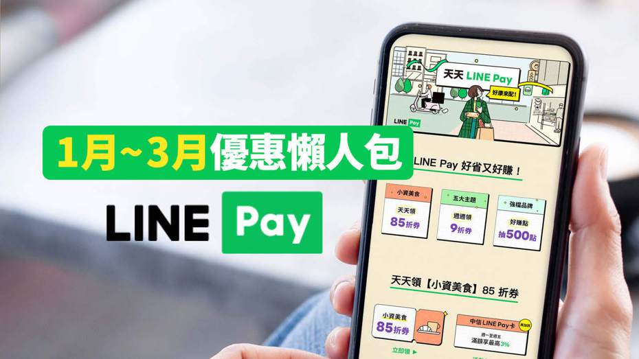 LINE Pay活動改版，在今年1月至3月活動改版，變為「天天LINE Pay，好康來配」活動，共有「5大主題9折優惠券週週領」、「超過百家小資美食85折券天天領」及「8大強檔品牌天天享賺點回饋」3大主題。（LINE Pay提供）