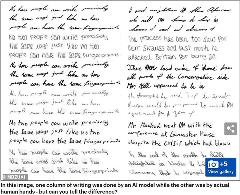 圖片左邊是AI生成的文字，右邊則是真人手寫。圖擷自每日郵報