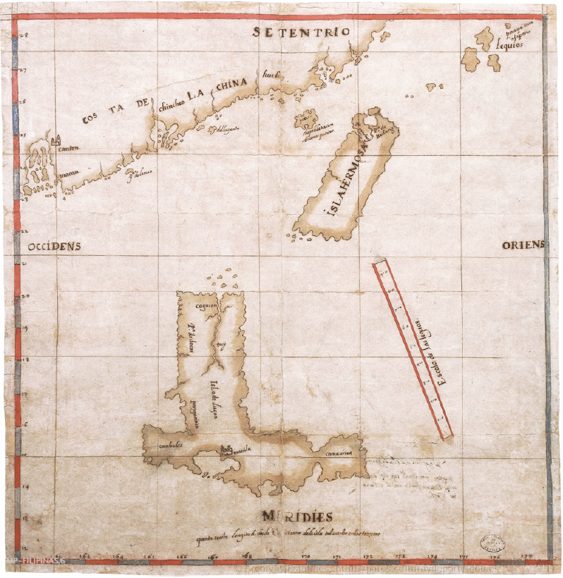 （圖1） 1597年，科羅內爾繪製的〈呂宋、艾爾摩沙島及部分中國沿岸圖〉，中間偏右上方的島嶼寫著「ISLA HERMOSA」，即艾爾摩沙島，此圖也特別標注雞籠。 （出自西印度群島綜合檔案館）