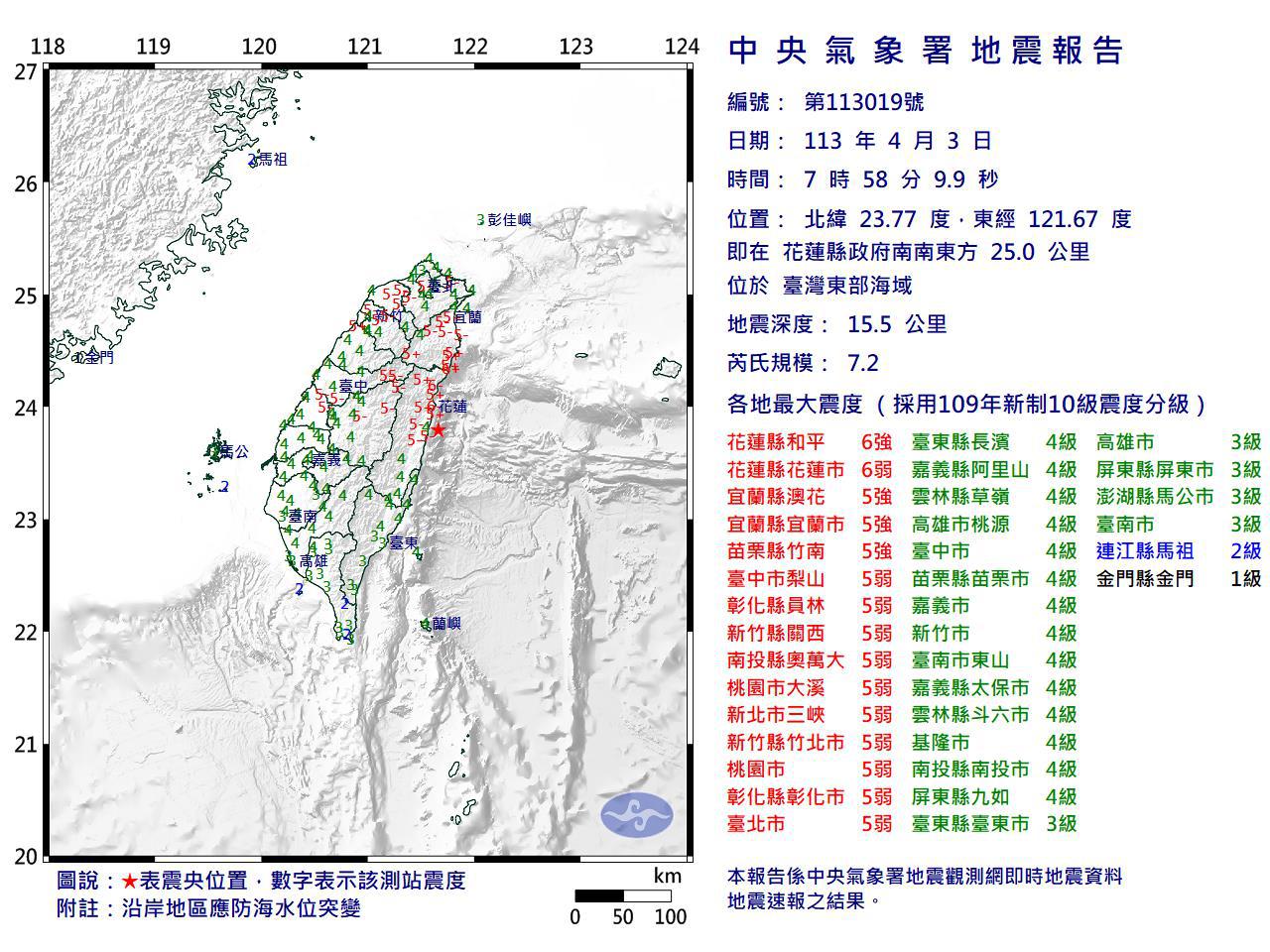 今天上午7點58分左右台灣發生有感規模7.2有感地震。圖／氣象署提供