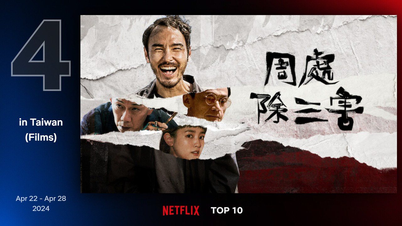 Netflix 最新TOP 10熱門電影片單第四名－《周處除三害》。圖/Netflix