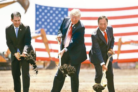 鴻海集團創辦人郭台銘（右）2018年6月與時任美國總統川普（中）和威州州長華克（左）為威州廠動土。 美聯社