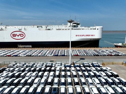 4月下旬在中國大陸連雲港準備出口的比亞迪電動車。  路透