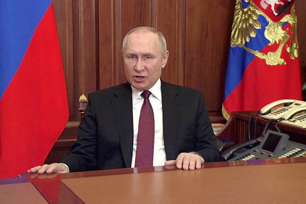 2月24日，普丁（Vladimir Putin）一聲令下，俄國正式宣布對烏克蘭展開「特別軍事行動」。 圖／美聯社
