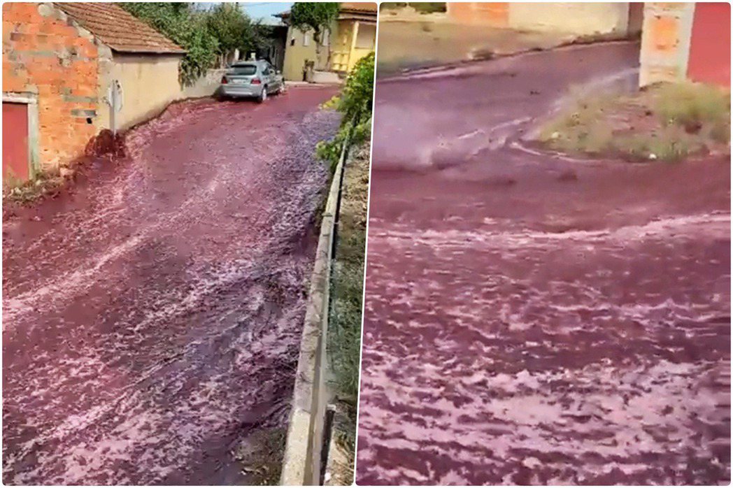 葡萄牙小鎮釀酒廠酒桶爆裂，220萬公升紅酒水淹成河。 圖／twitter