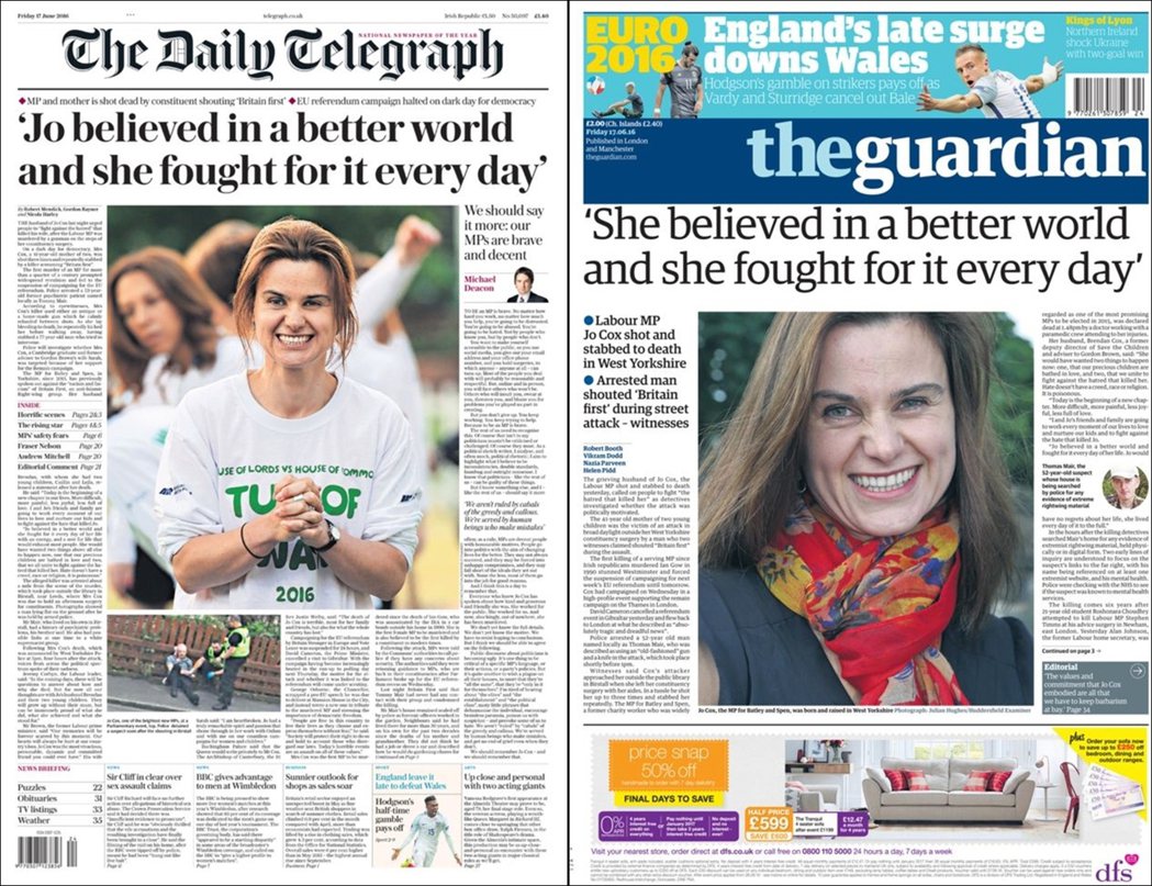 6月17日英國報紙頭條，左邊是支持脫歐的《每日電訊報》，右側則是支持留歐《衛報》...