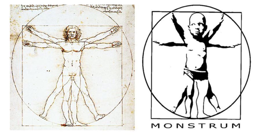 左圖為達文西的人體比例圖，右圖為丹麥設計公司Monstrum的LOGO，完全展現年齡在身體尺度上的差異。 圖／左：維基共享；右：取自Monstrum