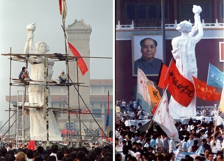 1989年5月30日，「民主女神像」在天安門廣場立起，和城門上的毛澤東像遙遙相望。 圖／法新社、美聯社