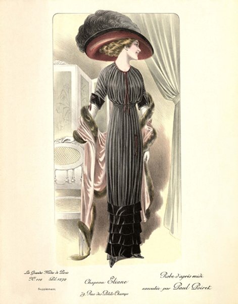 20世紀初期巴黎仕女石版畫。早年波瓦烈設計了一系列高腰線直線型裙裝。憑藉著對色彩和裝飾元素極為敏銳的想像力，能將任何的奇思妙想迅速轉換為巴黎沙龍的最新服飾。 圖／舊香居提供原件，作者翻拍