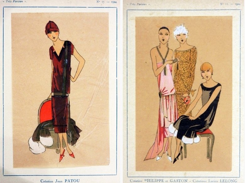 左：1924年尚．帕圖的服裝設計畫稿。右：1924年呂西安．勒隆的服裝設計畫稿。 圖／舊香居提供原件，作者翻拍