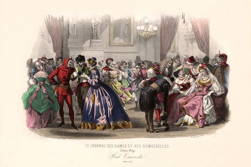 19世紀巴黎貴族名媛「化妝舞會」銅版畫。主辦者通常都會預先提供一個「扮裝主題」概念，藉此考驗受邀客人對於流行時尚的歷史知識、服裝品味，以及豐富的想像力。 圖／舊香居提供原件，作者翻拍