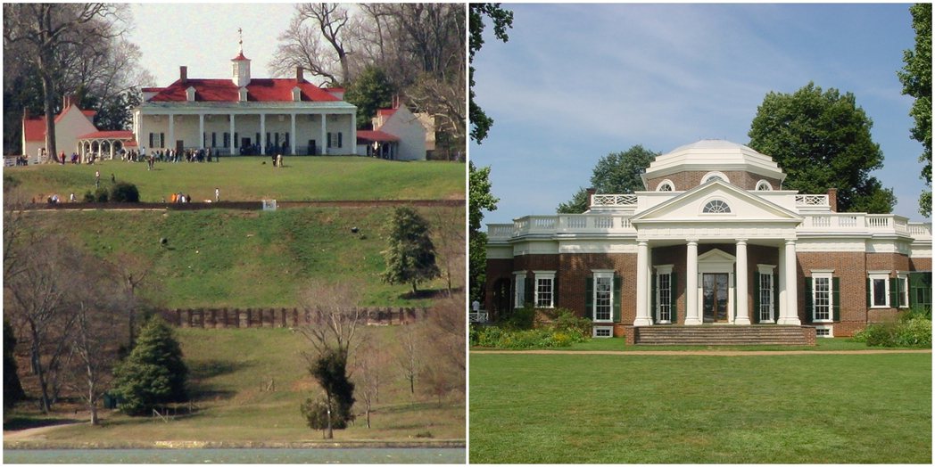 華盛頓與傑佛遜分別設計了各自的莊園：維農山莊（圖左）與蒙蒂塞洛（圖右）。兩者工整...