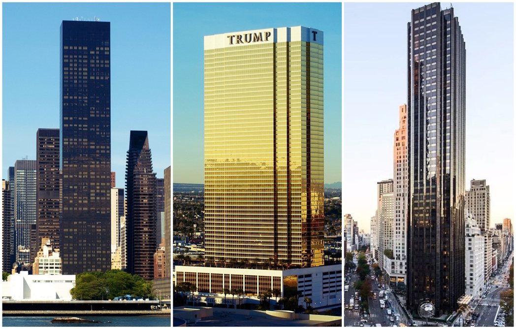 從左至右為：「川普世界大廈」（Trump World Tower）、「川普國際酒...