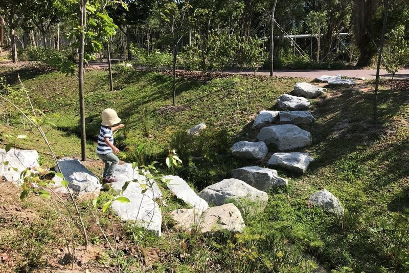 孩子能跳過一顆顆石頭，通過仿造的小溪河床。 圖／作者提供