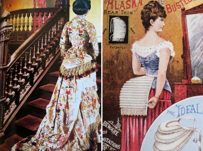 左：禮賓司長鍋島直大的夫人榮子，上樓接待貴賓。翻拍自《周刊 Time Travel》，講談社。右：1870年代，法國高級訂製服開始流行襯墊，並影響日本貴婦的服飾。翻拍自The History of Modern Fashion from 1850, Laurence King Pub. 圖／作者提供