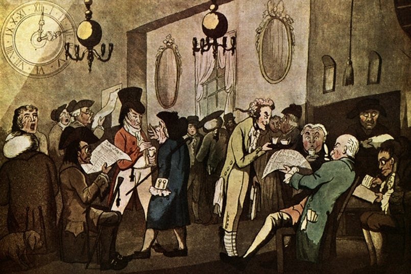 17至18世紀，倫敦的「洛伊茲咖啡廳」是海上貿易的情報處及交易所。 圖／維基共享