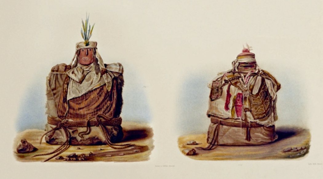秘鲁人的祖先木乃伊，木乃伊身上附有祖先的「画像」，如 1880 年代的插图所示。...