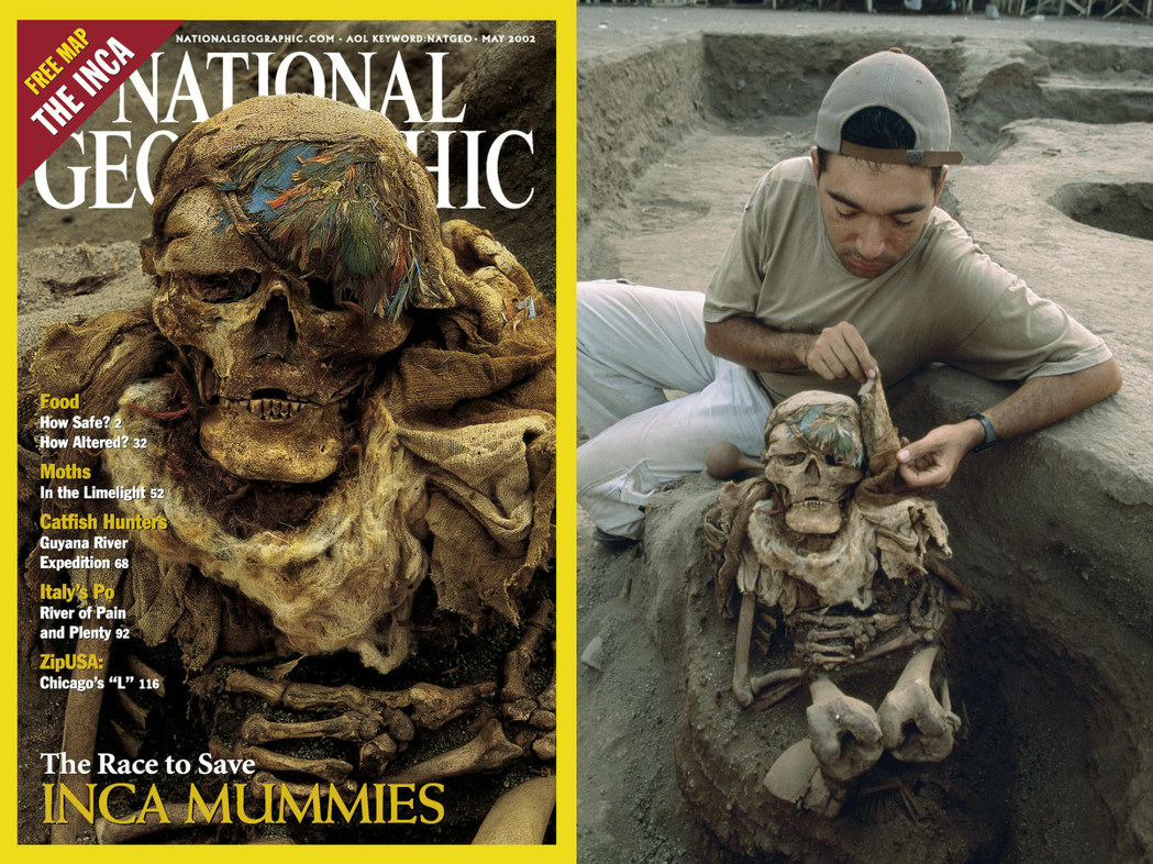 图左为2002年《国家地理杂誌》封面的印加木乃伊；图右为考古人元与在祕鲁出土的印...