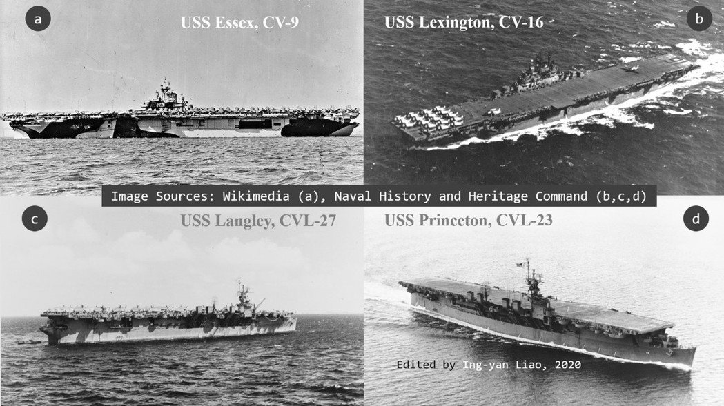 1944年10月臺灣沖航空戰期間，美軍第38.3支隊負責掃蕩中臺灣與外島澎湖。支隊所屬的四艘航艦如上圖。
 圖／取自維基共享Naval History and Heritage Command