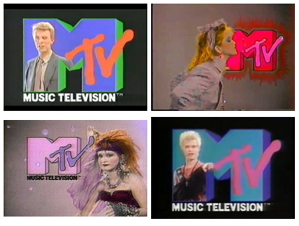 左上順時鐘為大衛鮑伊、瑪丹娜、比利艾鐸、辛蒂勞勃。 圖／取自MTV