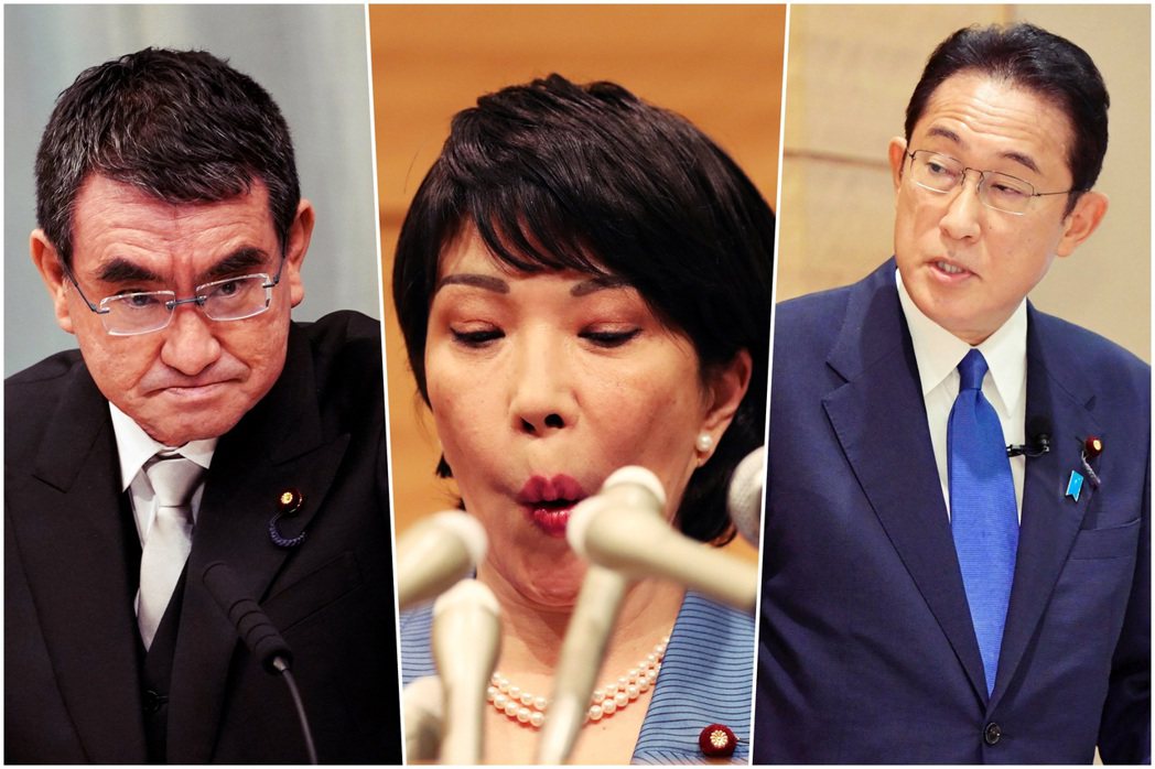 目前出馬角逐自民黨總裁的人選，由左至右分別是：本屆熱門人選的河野太郎，日本政壇罕...