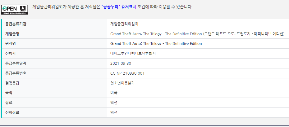 《俠盜獵車手三部曲-決定版》出現在韓國遊戲分級網站