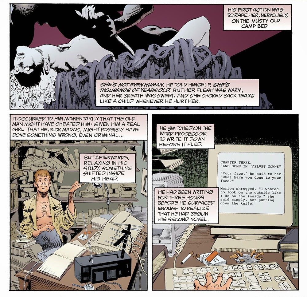 馬多克「向惡魔作了交易」，這在本故事中具體的畫面，是監禁、強暴「謬思女神」，但或許也可以代入其他放棄創作理念和良心的行為。 圖／DC Comics