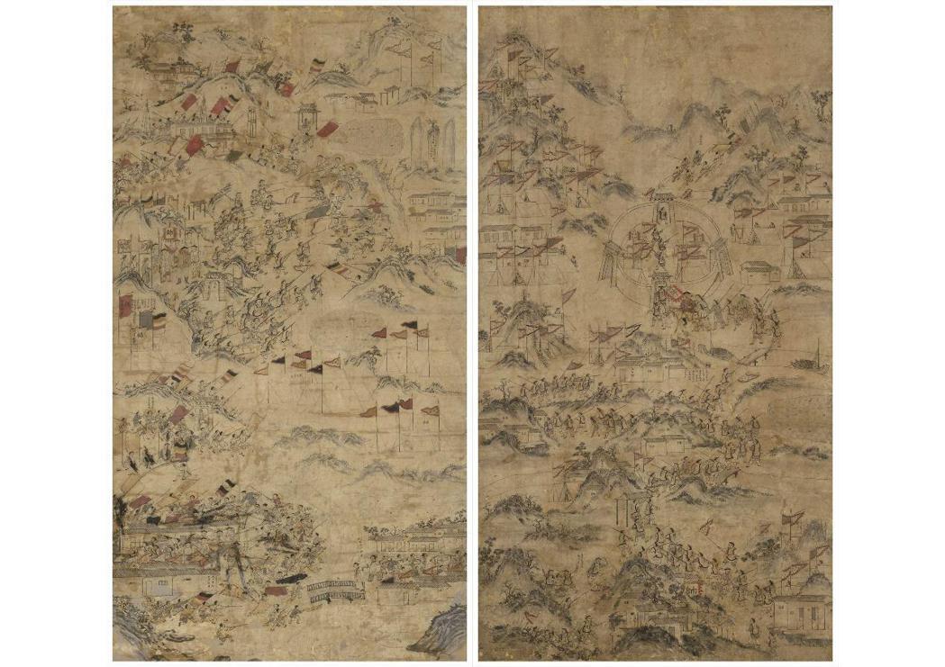 《陷敵圖》（左）與《大敗敵人圖》（右），描繪清代曾元福征伐太平天國過程，由曾氏後裔捐贈予台南市文化資產管理處。 圖／取自台南市文化資產管理處