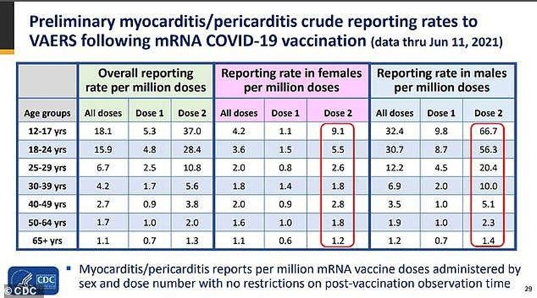 接種mRNA疫苗後產生心肌炎、心包炎等疫苗不良事件的數據。 圖／美國疾病管制與預防中心（CDC）