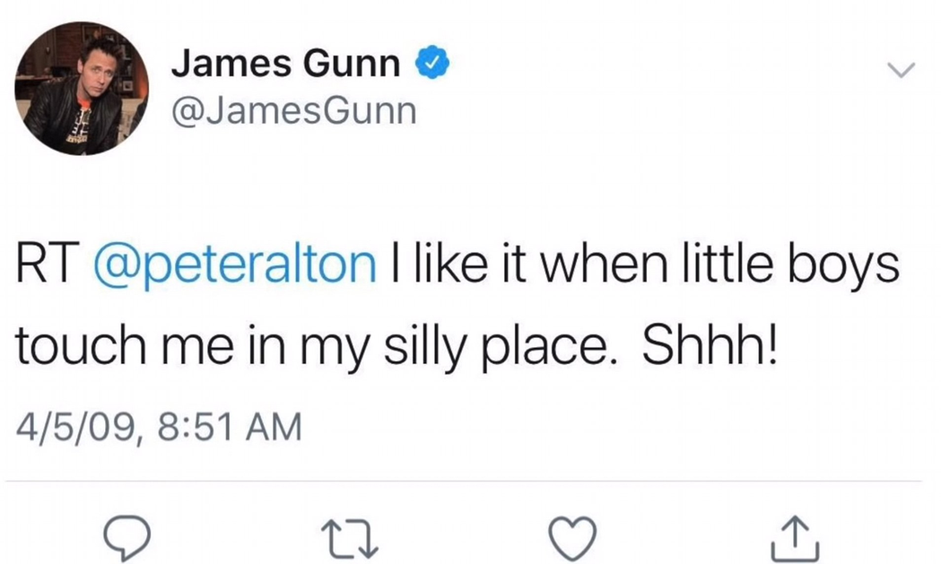 《星際異攻隊》（Guardians of the Galaxy）導演詹姆士．岡恩（James Gunn）過往在推特無視受害者和家屬的戀童癖玩笑遭揭開，導致被迪士尼開除。 圖／取自James Gunn推特帳號