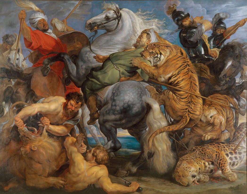 （圖2）魯本斯〈狩獵老虎〉：左右側是已被壓制在地的獅子與美洲豹，畫面正中央，有一...