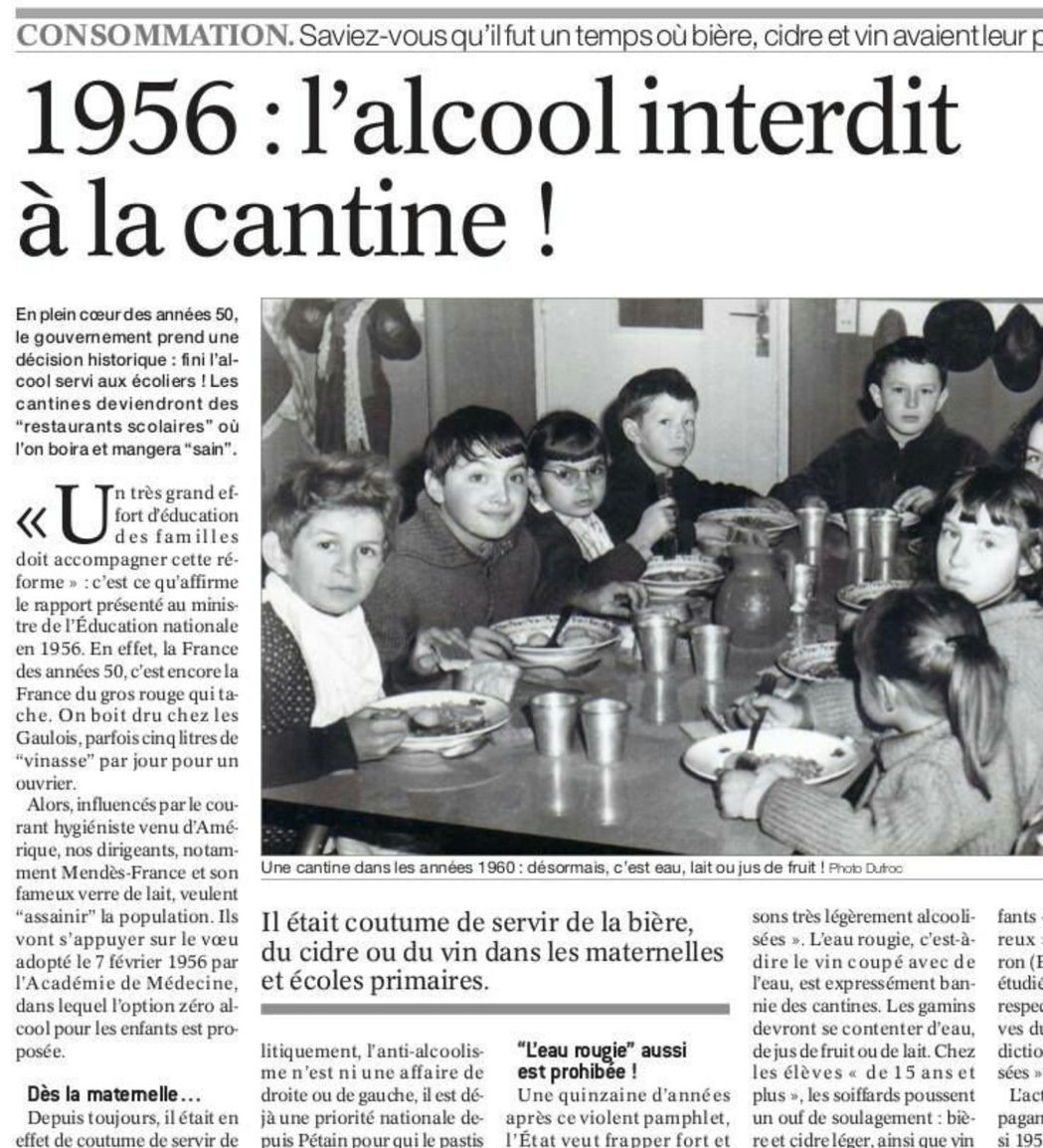 1956年8月8日法國開始禁止14歲以下學童飲酒，照片為法國報紙《新聞報》（Le...