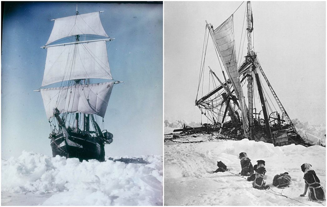 左圖為堅忍號試圖在浮冰中航行，右圖為堅忍號在 1915 年最終沉沒。 圖／維基共...