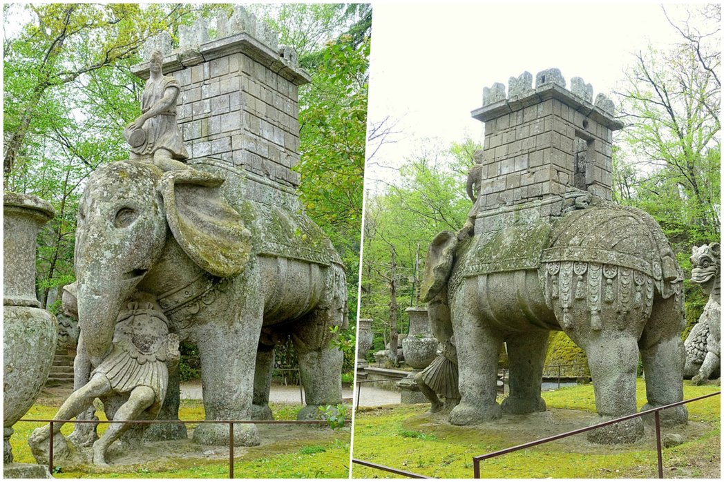 博馬爾佐花園（Gardens of Bomarzo）的大象雕像，以象鼻纏繞一位敵...
