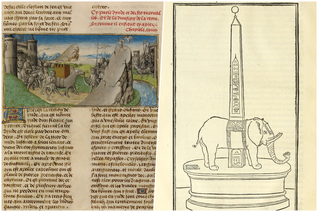 左為15世紀《大寶鑑》（Speculum maius）中的大象繪圖。該圖大象與現...