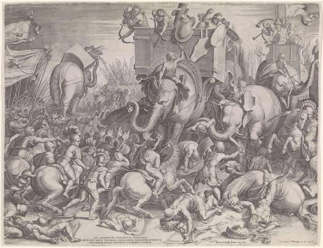 約16世紀下半葉的版畫，描繪古羅馬時代的札馬會戰（Battle of Zama）...