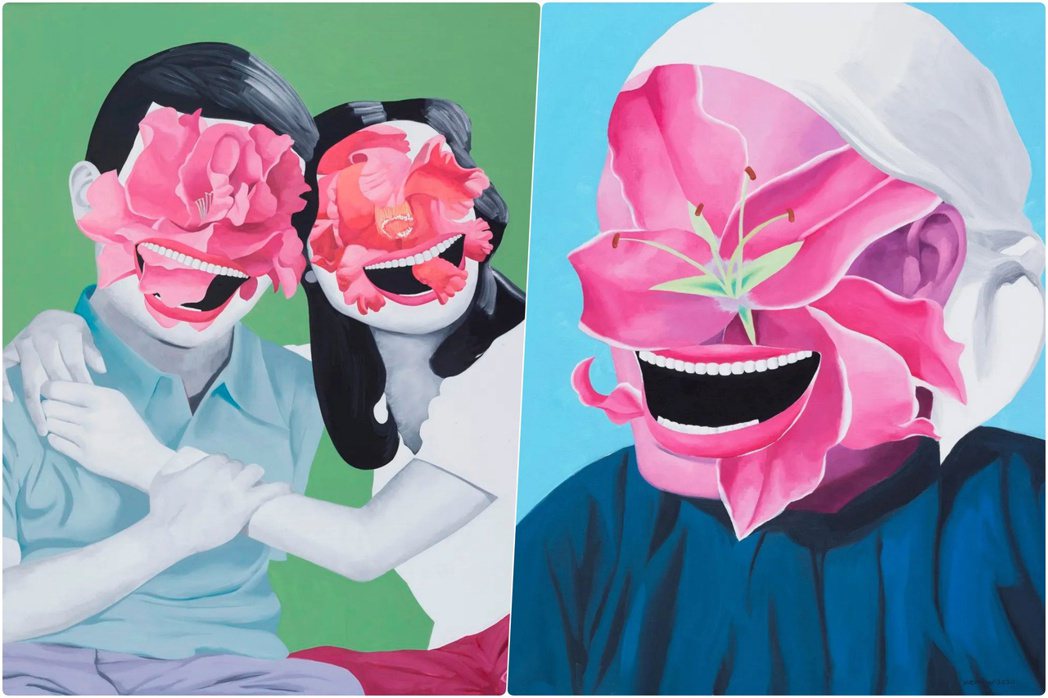 岳敏君2020年新系列作品，左為〈月季花〉、右為〈百合花〉。
