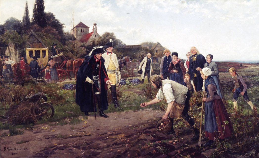 圖為腓特烈大帝視察馬鈴薯種植。普魯士的腓特烈大帝、俄羅斯的凱薩琳大帝等力行改革的...