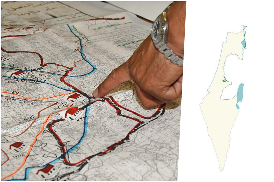 圖右：1949年劃分的綠線。圖左：巴勒斯坦運動分子正在討論以色列於西岸的占領區域...