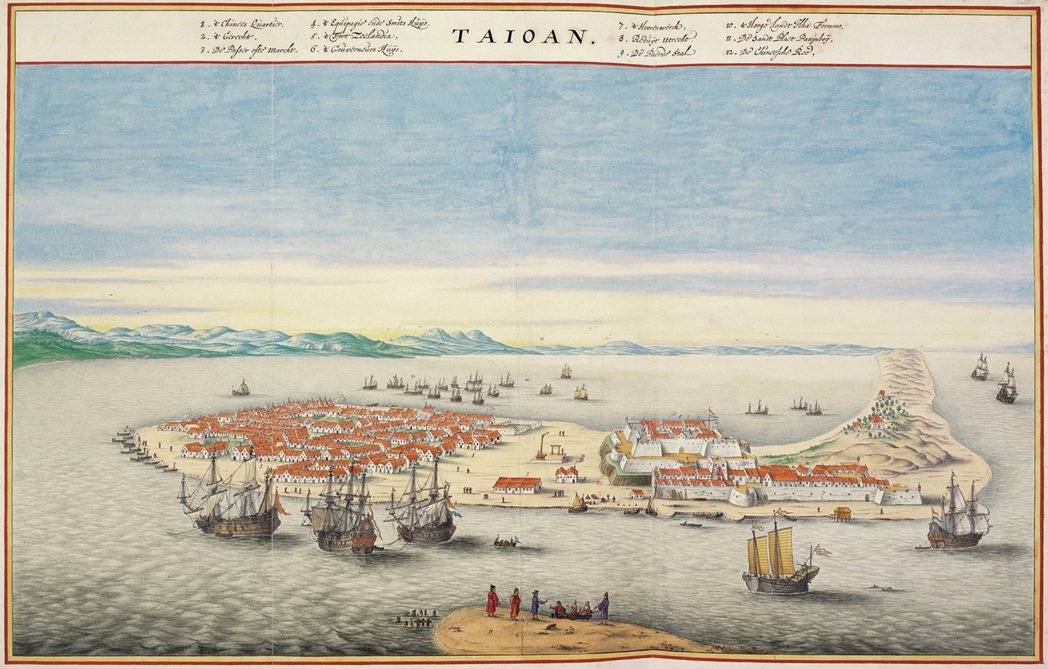 《大員港市鳥瞰圖》：圖中描繪了17世紀荷蘭東印度公司在台灣的熱蘭遮城。 圖／維基...