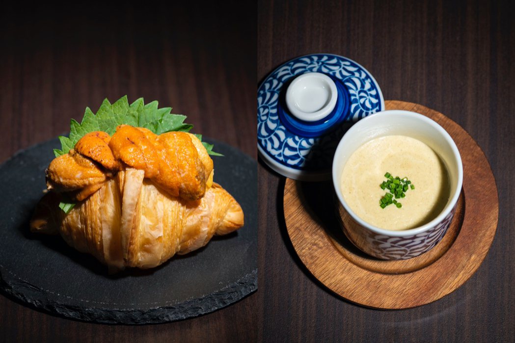 套餐菜色：「海膽 可頌 鮭魚卵」（左），「季節蟹 蒸蛋 白花椰菜湯」（右）。 圖...