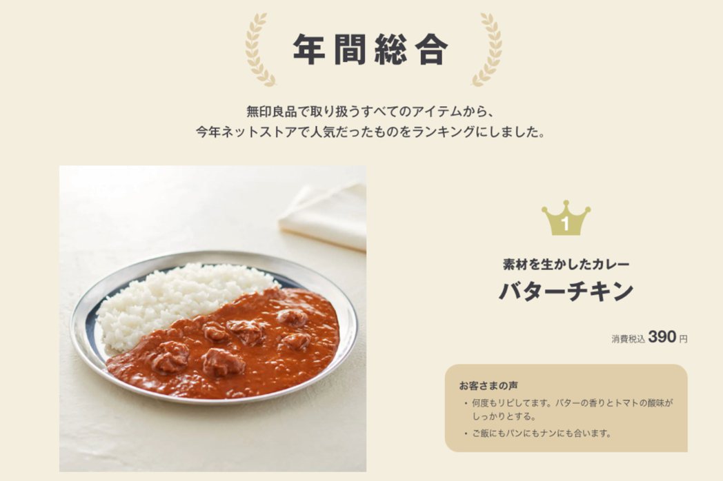 日本2023熱銷榜第一名奶油雞肉咖哩。圖｜無印良品