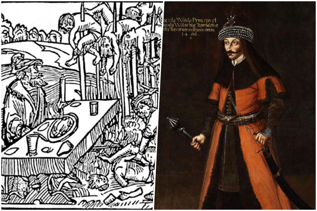 左為1499年德國木刻畫，描繪伏拉德三世在穿心刑的死者遺體旁用餐；右為伏拉德三世...