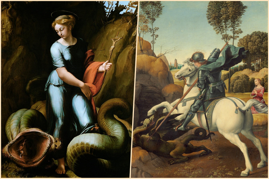 左為拉婓爾繪於1518年的《聖瑪格麗特》，右為拉婓爾繪於1505年的《聖喬治屠龍...